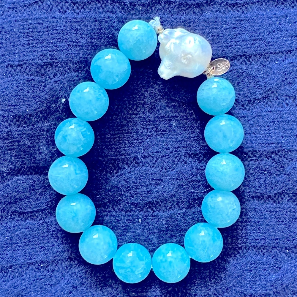 Aquamarine Baroque Pearl Bracelet sterling silver beads.